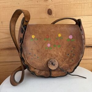 VTG 60's Hand Made Hippie Leather Shoulder Bag Purse Floral Embossed Boho *Flaws